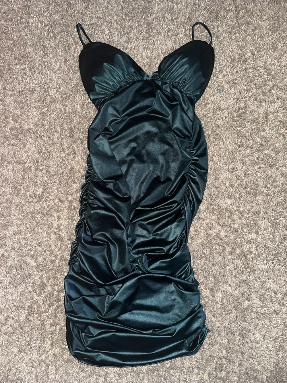 Ruched Satin Mini Dress with Spaghetti Straps in Dark Teal